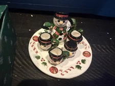 Holiday Treasures Miniature Snowman Tea Set In Box Porcelain Christmas Decor