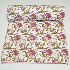 Red Floral Block Print Kantha Quilt   Handmade Cotton Bedspread, Vintage Indian