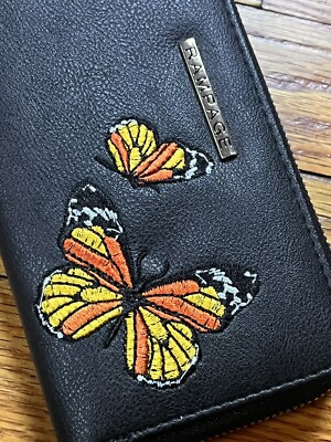 Rampage Wallet Black Embroidered Butterfly Patch Zipper Card Money