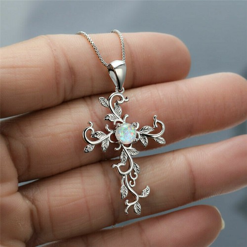 925 Sterling Silver Christian Jesus Christ Cross Catholic Crucifix Opal Necklace