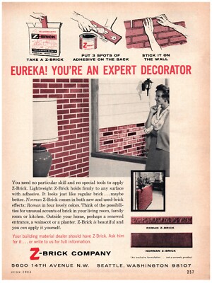 PRINT AD, 1965 Z-Brick Company Eureka! You're An Expert Decorator 60's Siding