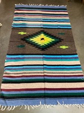 Mexican Blanket Vintage Style Blue Tan Diamond XL Native Serape Saltillo 80 x 46