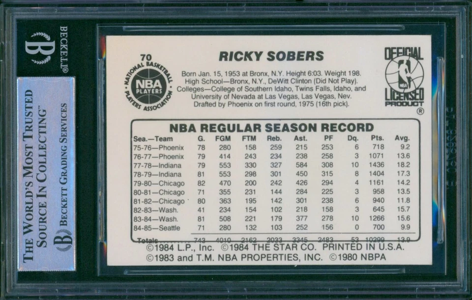 1985-86 Star Co RICKY SOBERS Signed Card #70 Slabbed Auto Seattle Sonics SP BAS - Image 2 of 2