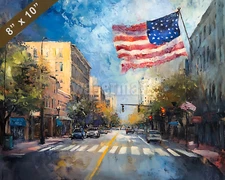 Lafayette cityscape with USA flag waving oil painting 8x10 Print