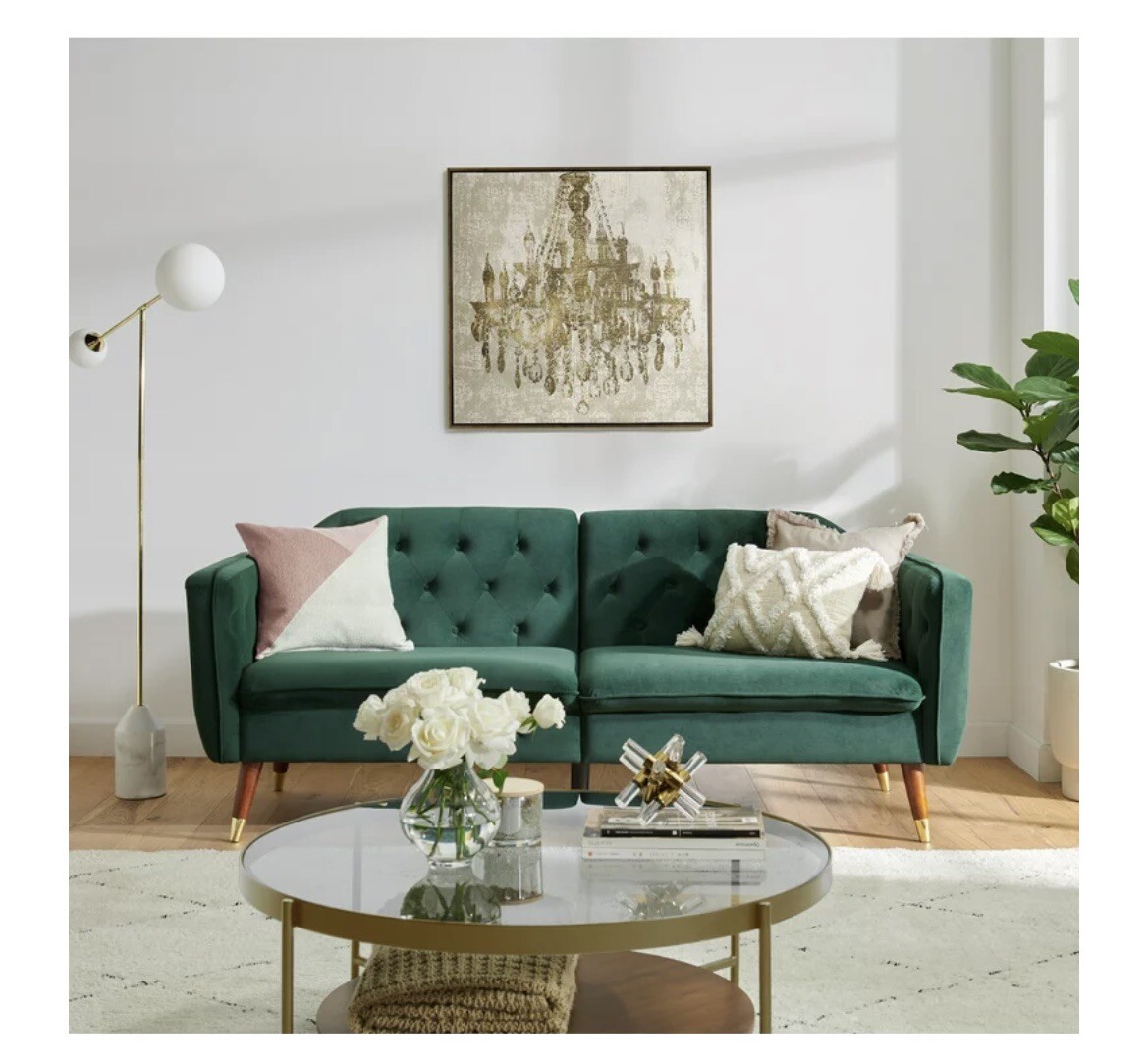 Orchard Emerald Green Road Tufted Futon Sofa adaptable Gold metal