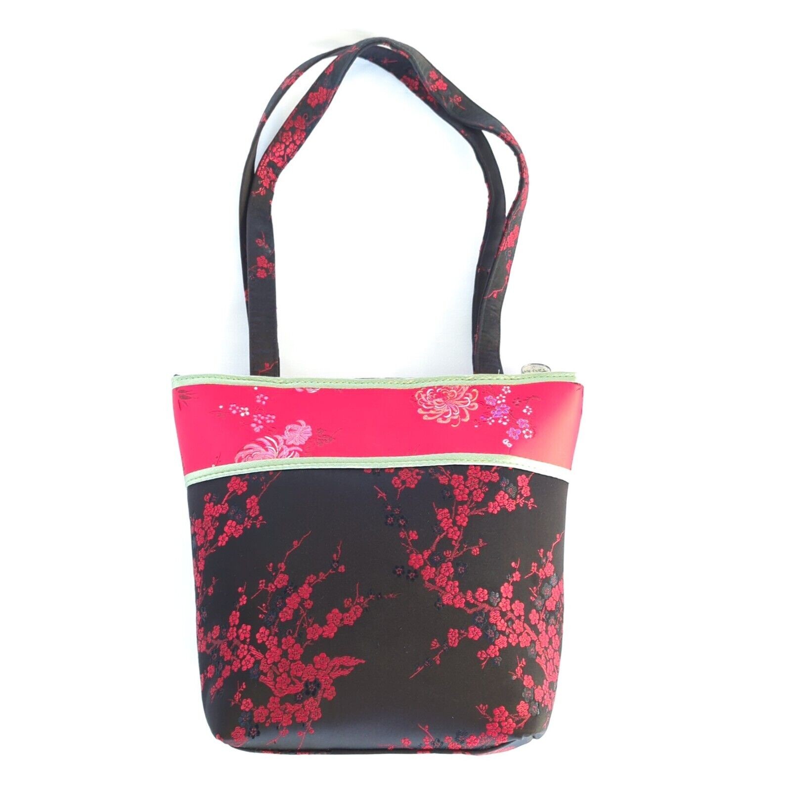 Yans NY Shoulder Bag Tote Lightweight Black Satin Red Floral Cherry Blossom