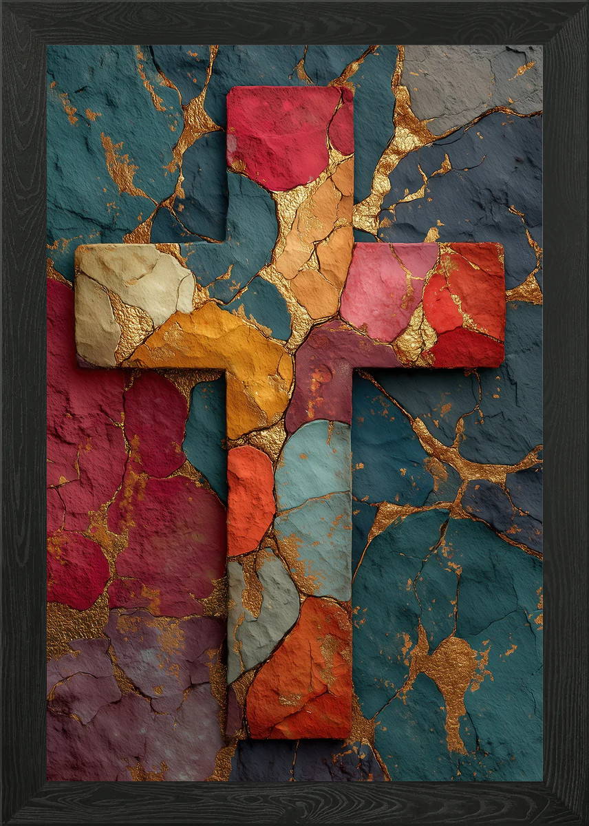 Colorful Marble Christian Cross Framed Wall Art Poster Canvas Print Picture