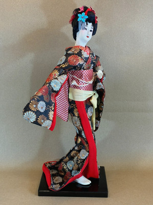 Vintage Japanische Geisha Puppe 38 cm Kimono Schwarz Gold Maiko Figur Japan