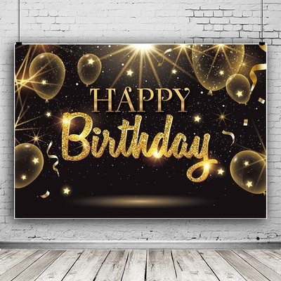 IIILUYOT Black Gold Happy Birthday Party Decorations Backdrop, Golden Balloons G