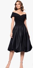 XSCAPE “LINDSEY" SCUBA CREPE AND TAFFETA OFF THE SHOULDER MIDI DRESS BLACK SZ 16