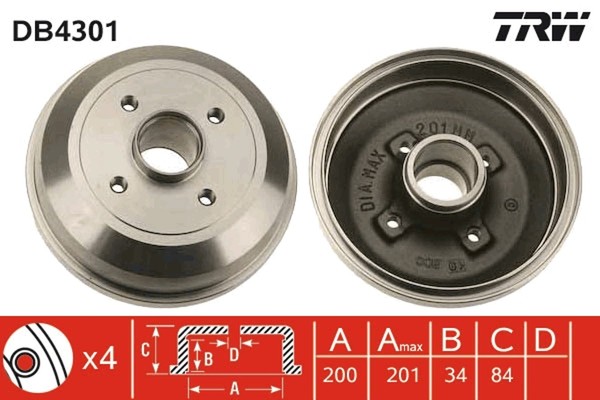 2X Bremstrommel TRW DB4301 FüR Corsa Opel X01 F08 F68 W5L 16V Twinport Cdti DTI-image