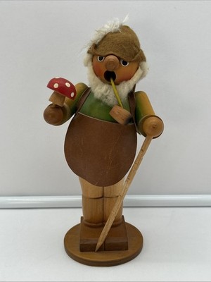 Steinbach Erzgebirge Mushroom Picker Hiker Forager Incense Smoker Burner Wooden