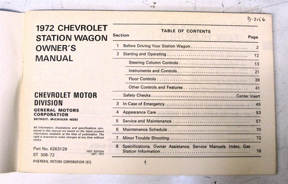 CHEVROLET Station Wagon Car Owners Handbook 1972 #6263129 ST 306-72 USA - Image 2 of 4