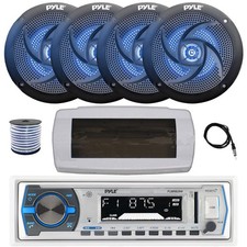 Pyle Bluetooth Marine Receiver,Cover, Antenna,Wire, 4x 4" 100W LED Black Speaker