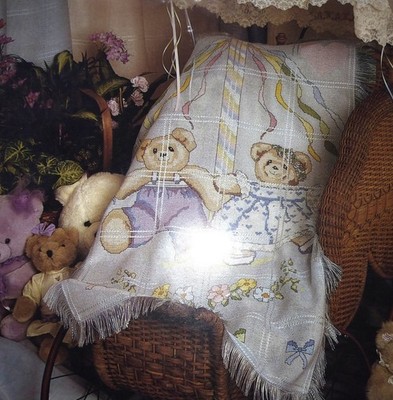 1990 sealed cross stitch kit ~ MAYPOLE BEARS ~ baby afghan, blue, 29 x 43