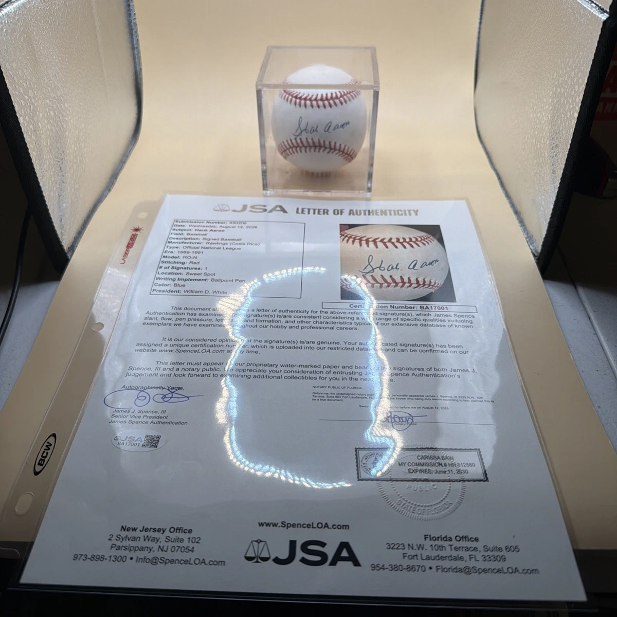 James Spence Authentication (JSA) Hank Aaron MLB Original