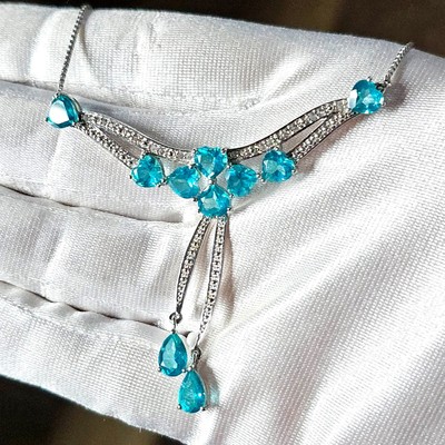 Womens 925 Sterling Silver & Neon Blue Apatite Gemstone Pendant Necklace 18'' 10g