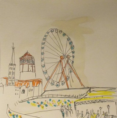 Schlossturm Kasematten Original Zeichnung Atelier Düsseldorf urban sketch 20x20
