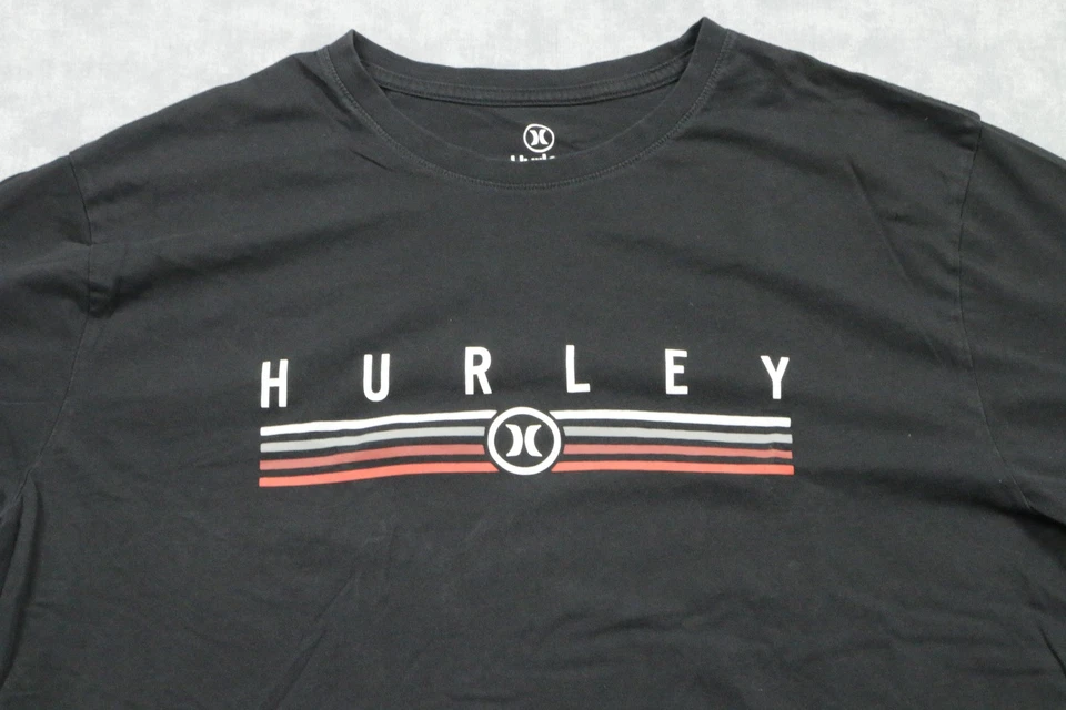 Hurley 衬衫男式 2XL 黑色标志图形条纹棉质 T 恤冲浪休闲 — 第 2/4 张图片