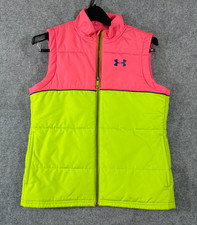 Under Armour Puffer Vest Girls L Pink Neon Green Colorblock ColdGear Full Zip