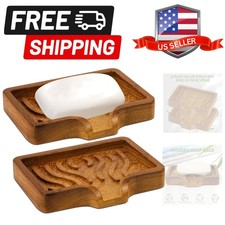 2Pack Teak Soap Dish - Natural Wooden Soap Holder with Drain Spout Fast Dryin...