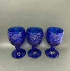 Set of 3 Fenton Madonna Inn Wild Rose Goblet Cobalt Blue Carnival Luster 10oz