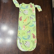 POSH PEANUT 0-3 Mo Green Wild Animals Safari Bamboo Knot Gown EUC Mittens