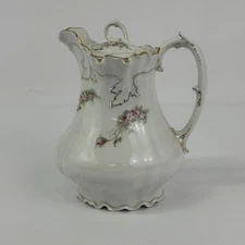 Vtg Welmar Porcelain Pitcher White Pink & White Flowers Gold Leaf Pattern Trim
