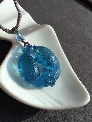 Natural Aquamarine Hand Carved Double Fish Pendant CC