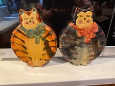 Hand Painted Italian Ceramic Cat Wall Hanging/Trivets LOT OF 2 ( 9" X 7" X 1")