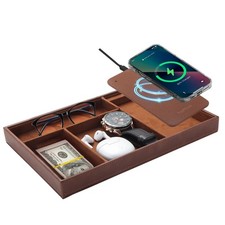 Valet Tray with Wireless Charging Pad Nightstand Organizer, Leather Desktop S...