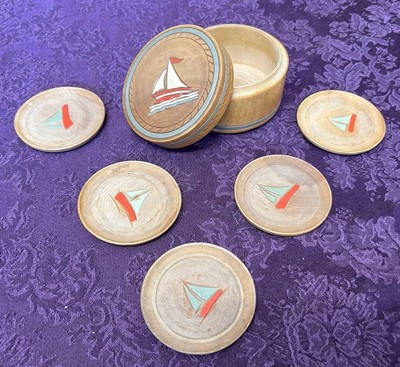 Vintage Sailboat Themed Bamboo Coasters Set of 6 Made in Japan