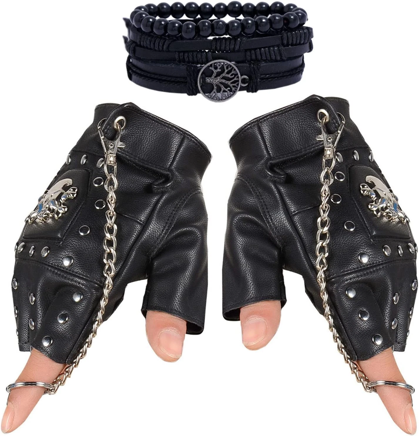 Steampunk Gothic Gloves Mens Vintage Geuuine Leather Captain Fingerless Mittens