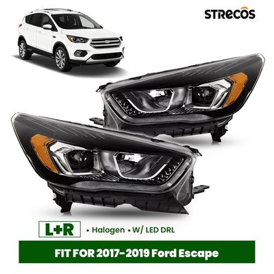 Halogen Headlight For 2017-2019 Ford Escape Black w/LED DRL w/Bulb Left+Right