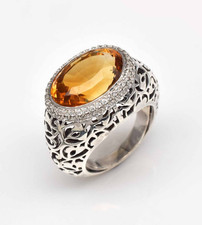 Natural Yellow Citrine Oval Cubic Zirconia Top Gemstone Silver Cocktail Ring