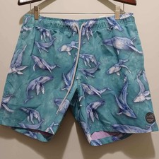 Psycho Tuna Men's Whale Print Swim Trunks Blue Drawstring Elastic Waist L Large