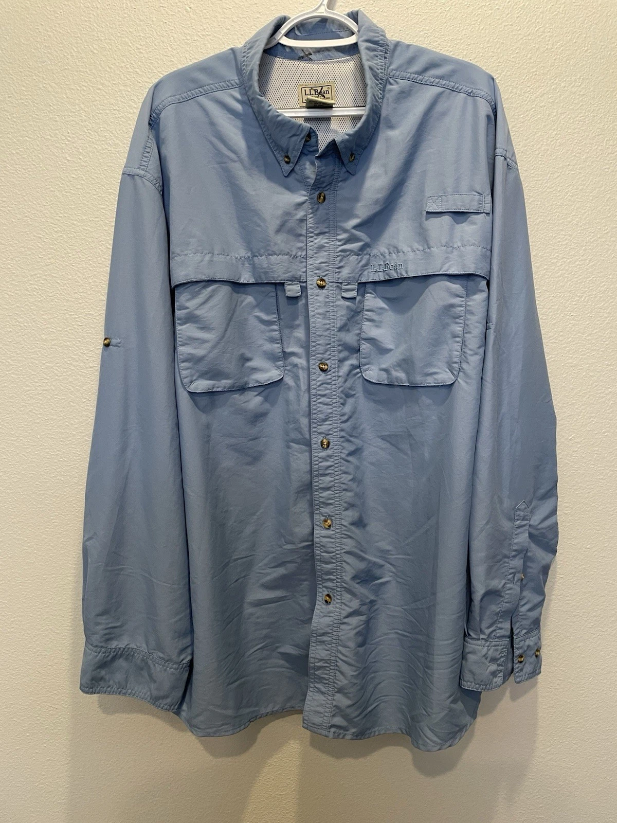 LL Bean Fly Fishing Long Sleeve Shirt Sz XXL Blue Vented Lightweight Roll Tab