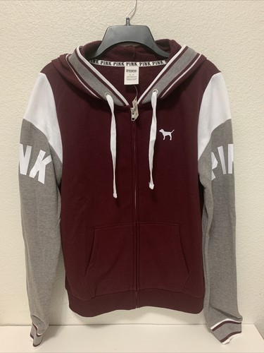 NWT Victoria's Secret PINK Maroon White Grey Full Zip Hoodie M (09/15; CC 2Z3Y) - 第 1/23 張圖片