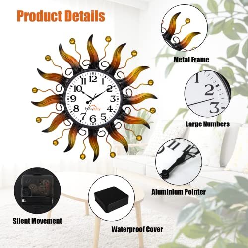 13'' Indoor Outdoor Clocks Sun Wall Clock Silent Non-Ticking Home Decorations