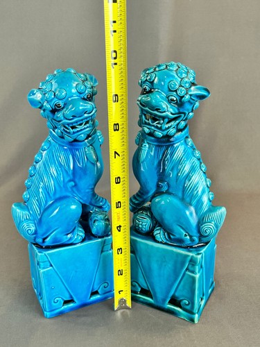 2 statue cinesi porcellana smaltata turchese foo fu cani leone 10" c. XX secolo - Foto 14 di 20