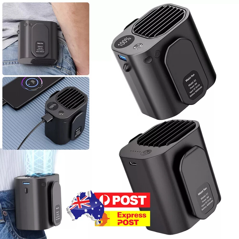 Portable Waist Belt Clip Hanging Cooling Fan Rechargeable Power Bank USB Outdoor