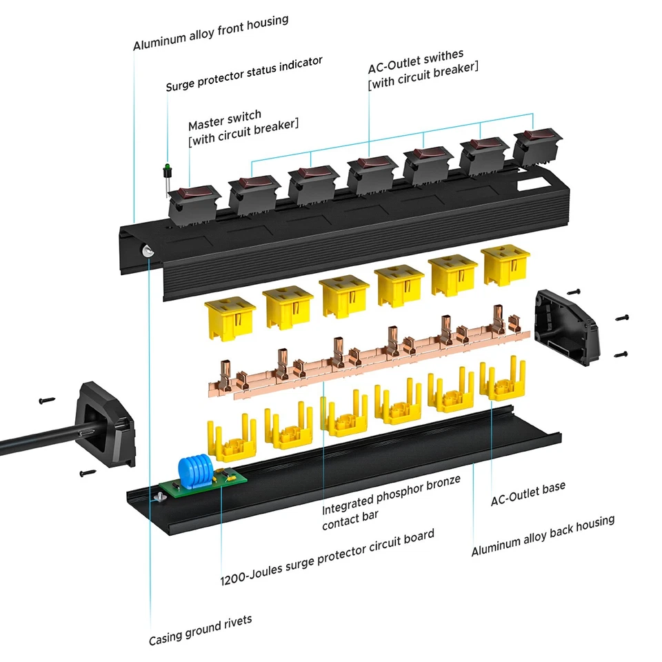 6 Outlet Surge Protector Power Strip 6 Individually Switched Flat Plugs - Image 3 of 4