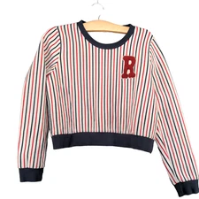 Orenda Women's Pullover Crop Sweater White Red Striped Small Crew Neck