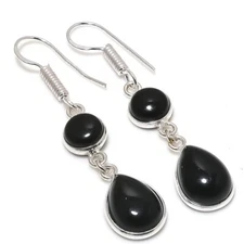 Black Onyx Gemstone Handmade 925 Sterling Silver Jewelry Earring Sz 2.10"