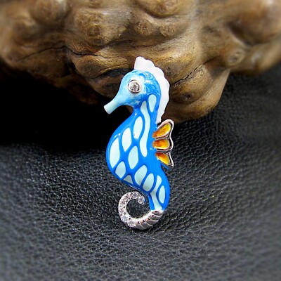 Solid 925 Sterling Silver & Enamel Seahorse Slide Pendant, Blue White Sea Horse