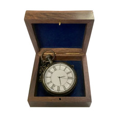 Antiqued Brass Pocket Watch with 3-1/4" Wooden Box- Antique Vintage Style