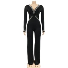 NEW Women Long Sleeve V-Neck Sequined Feather Bodycon Party Club Jumpsuit M10