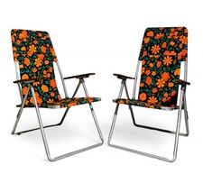 PAIR OF VINTAGE DECK CHAIRS ARMCHAIRS VERY LOUD FLORAL ORANGE RETRO