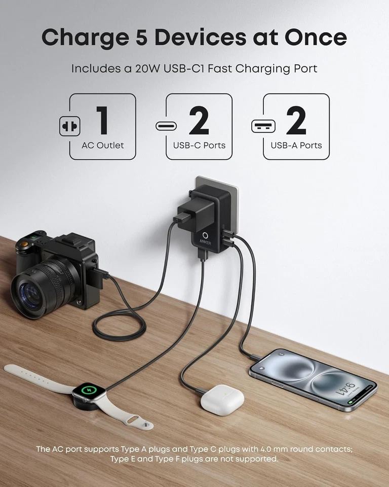 Anker Nano 旅行适配器 5 端口插头带 1 AC+2 USB-A+2 USB-C 智能温度控制 — 第 3/4 张图片