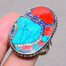Tibetan Turquoise Red Coral Handmade Boho Nepali Jewelry Adjustable Ring SR 3389